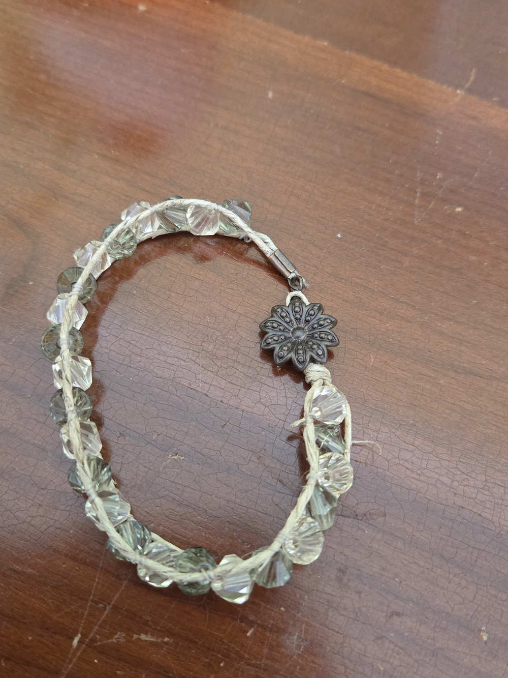 Handmade Clear and Green Crystal Bead Bracelet with Floral Clasp